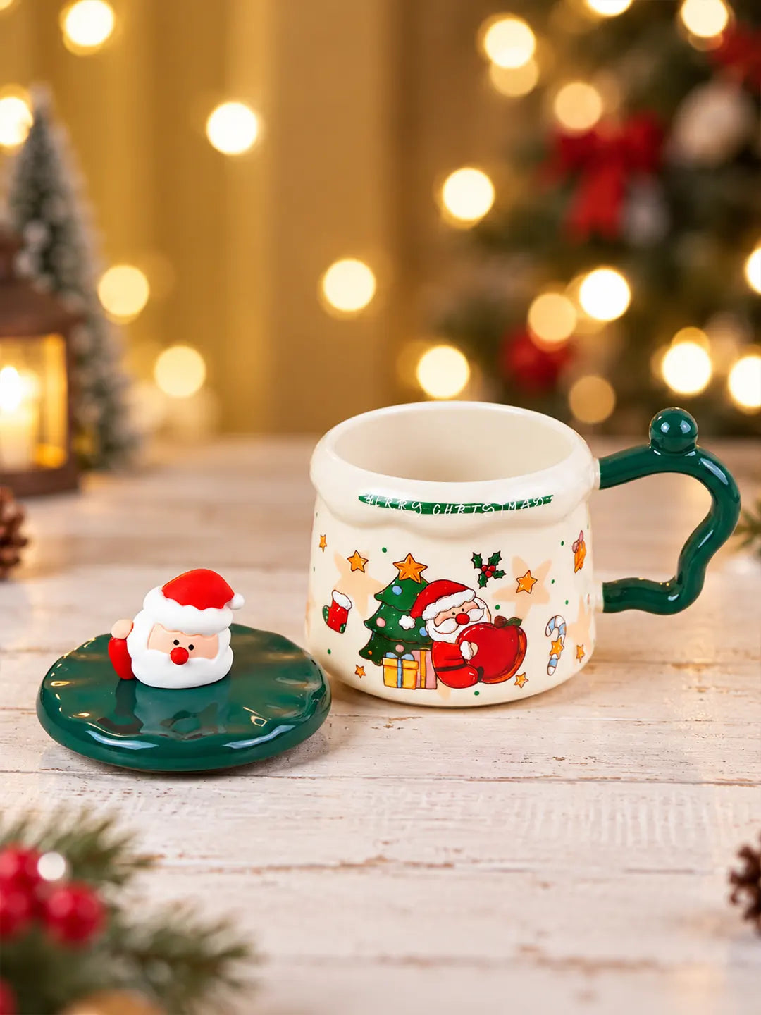 Santa & Christmas Tree Ceramic Hot Chocolate and Coffee Christmas Mug with 3D Spoon