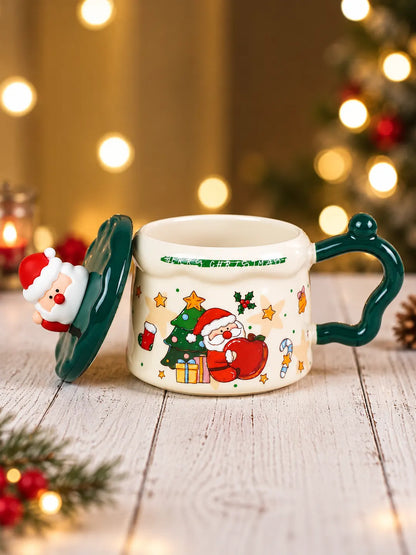 Santa & Christmas Tree Ceramic Hot Chocolate and Coffee Christmas Mug with 3D Spoon