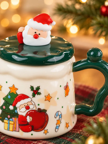 Santa & Christmas Tree Ceramic Hot Chocolate and Coffee Christmas Mug with 3D Spoon