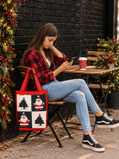 Red Santa & Tree, Woven Christmas Tote Bag