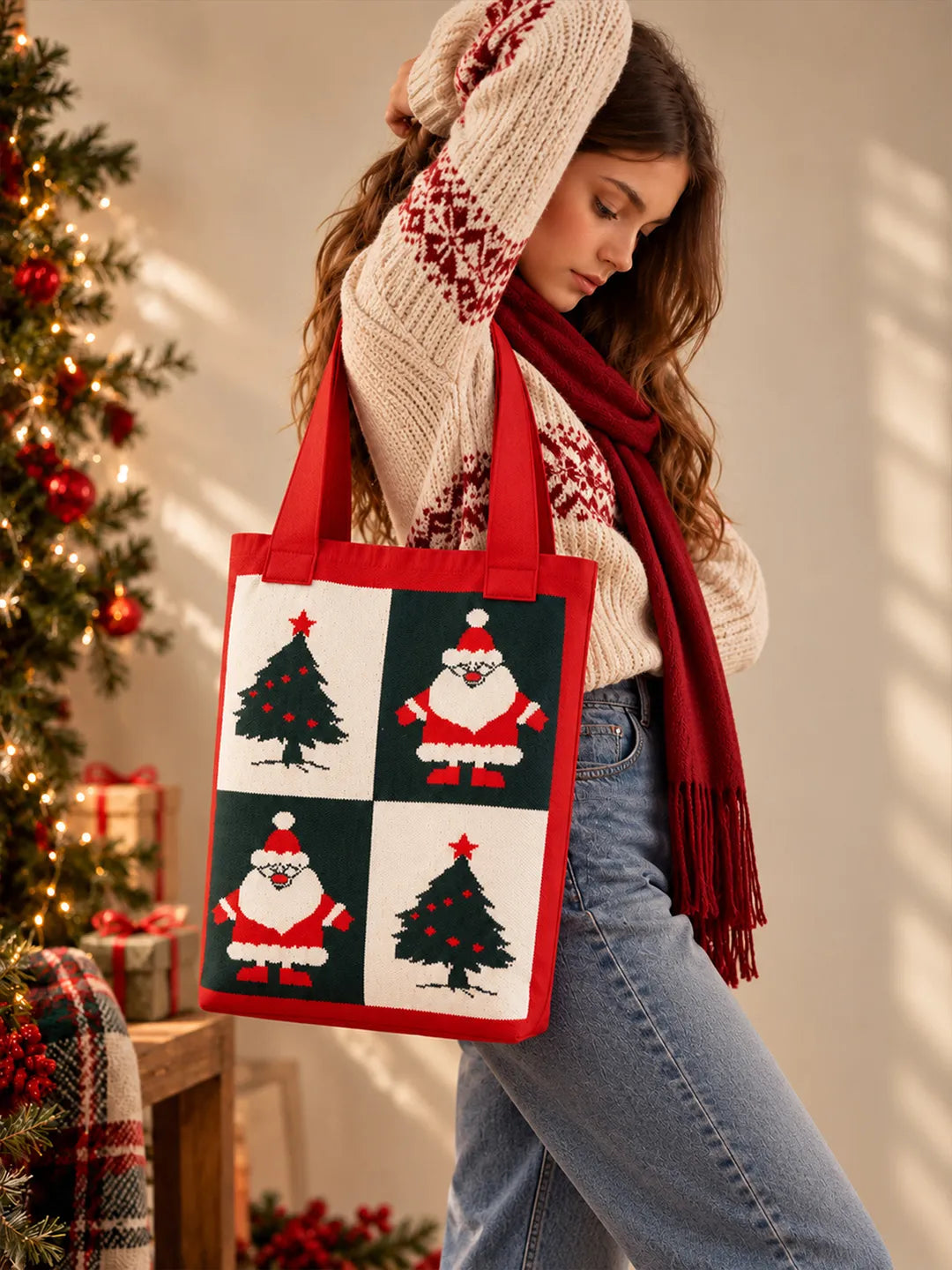 Red Santa & Tree, Woven Christmas Tote Bag