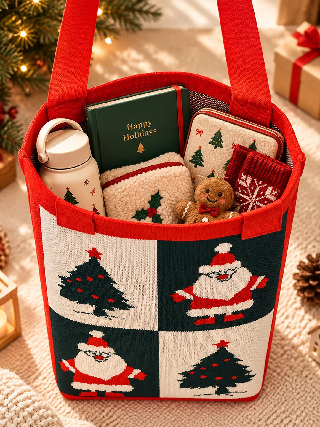 Red Santa & Tree, Woven Christmas Tote Bag
