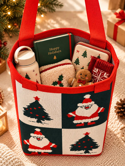 Red Santa & Tree, Woven Christmas Tote Bag