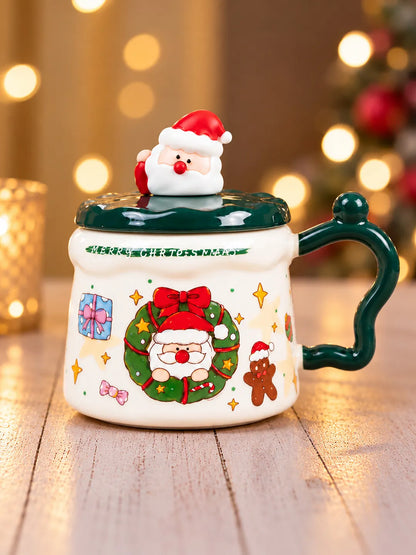 Santa & Wreath Ceramic Hot Chocolate and Coffee Christmas Mug with 3D Spoon