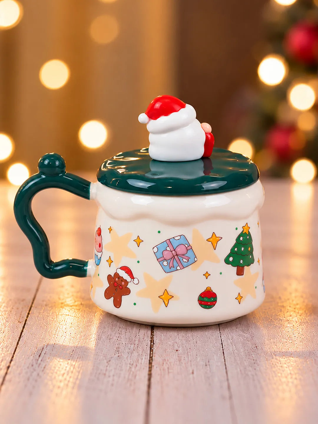 Santa & Wreath Ceramic Hot Chocolate and Coffee Christmas Mug with 3D Spoon