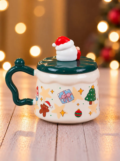 Santa & Wreath Ceramic Hot Chocolate and Coffee Christmas Mug with 3D Spoon