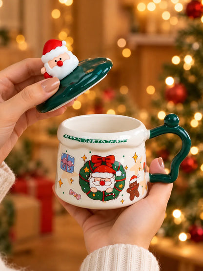 Santa & Wreath Ceramic Hot Chocolate and Coffee Christmas Mug with 3D Spoon