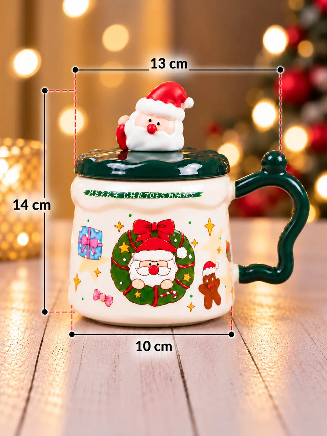 Santa & Wreath Ceramic Hot Chocolate and Coffee Christmas Mug with 3D Spoon