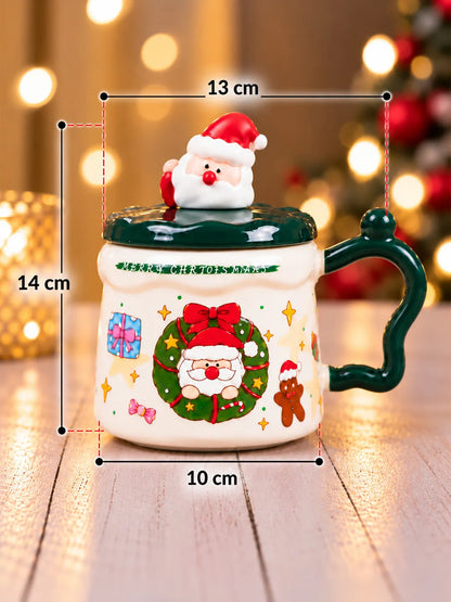 Santa & Wreath Ceramic Hot Chocolate and Coffee Christmas Mug with 3D Spoon