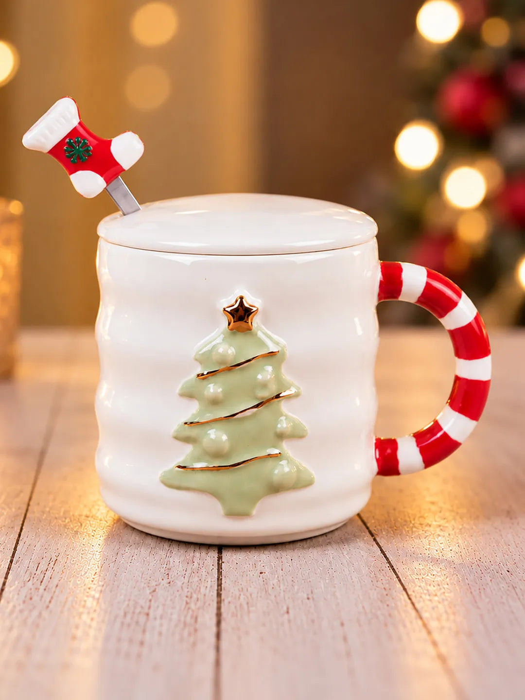 White Christmas Tree Ceramic Hot Chocolate and Coffee Christmas Mug with 3D Spoon