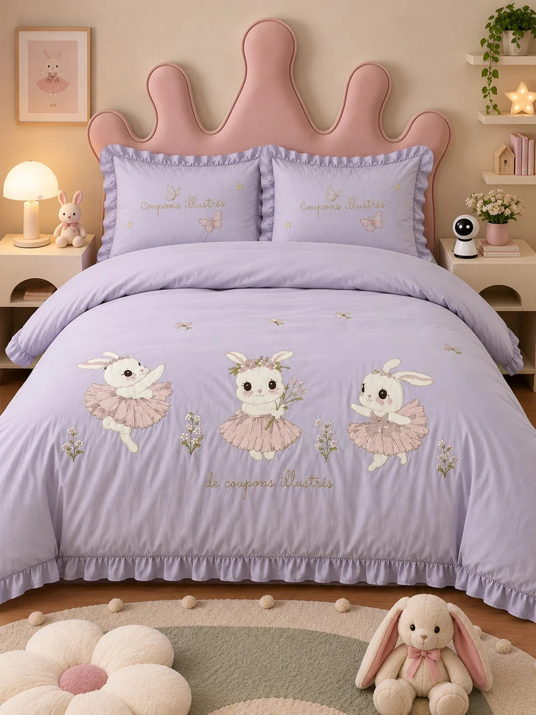 4 Pcs Dancing Rabbit Theme Embroidered King Size Bedding Set