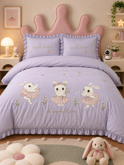 4 Pcs Dancing Rabbit Theme Embroidered King Size Bedding Set