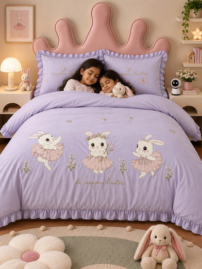 4 Pcs Dancing Rabbit Theme Embroidered King Size Bedding Set