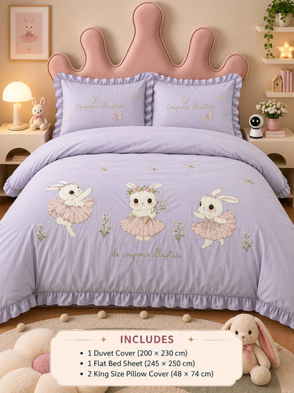 4 Pcs Dancing Rabbit Theme Embroidered King Size Bedding Set