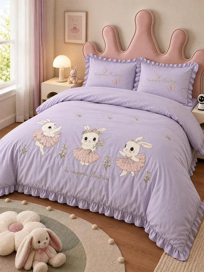 4 Pcs Dancing Rabbit Theme Embroidered King Size Bedding Set