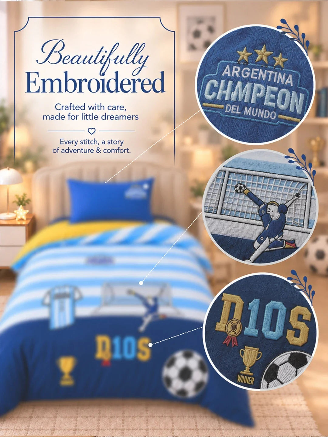 3 Pcs Football Theme Embroidered King Size Bedding Set