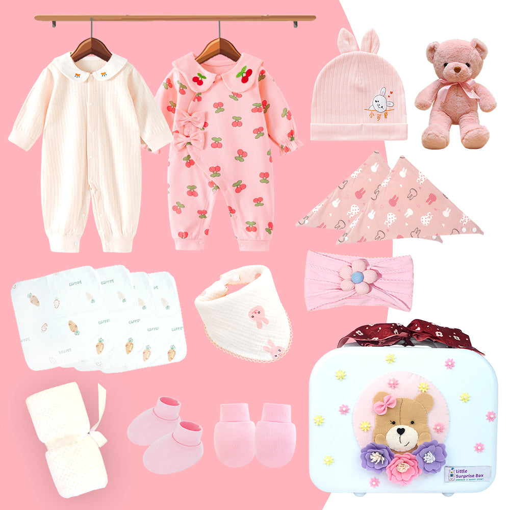 18 pcs Baby Pink Teddy Birthday Gift Hamper set for Baby Girl with travelling Suitcase, - Little Surprise Box