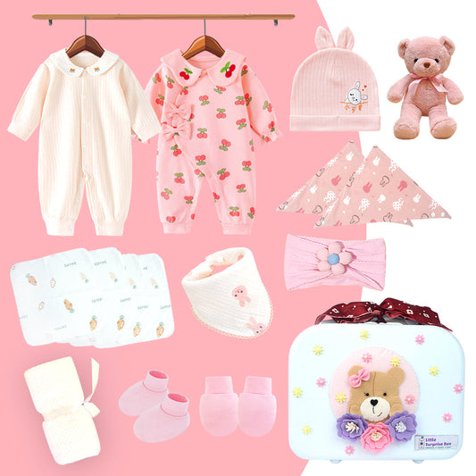 18 pcs Baby Pink Teddy Birthday Gift Hamper set for Baby Girl with travelling Suitcase, - Little Surprise Box