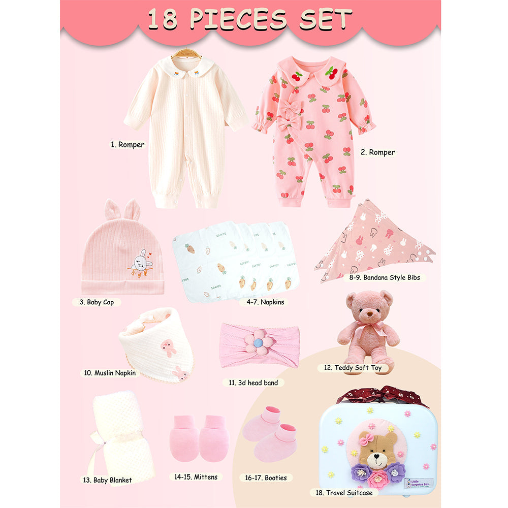 18 pcs Baby Pink Teddy Birthday Gift Hamper set for Baby Girl with travelling Suitcase, - Little Surprise Box