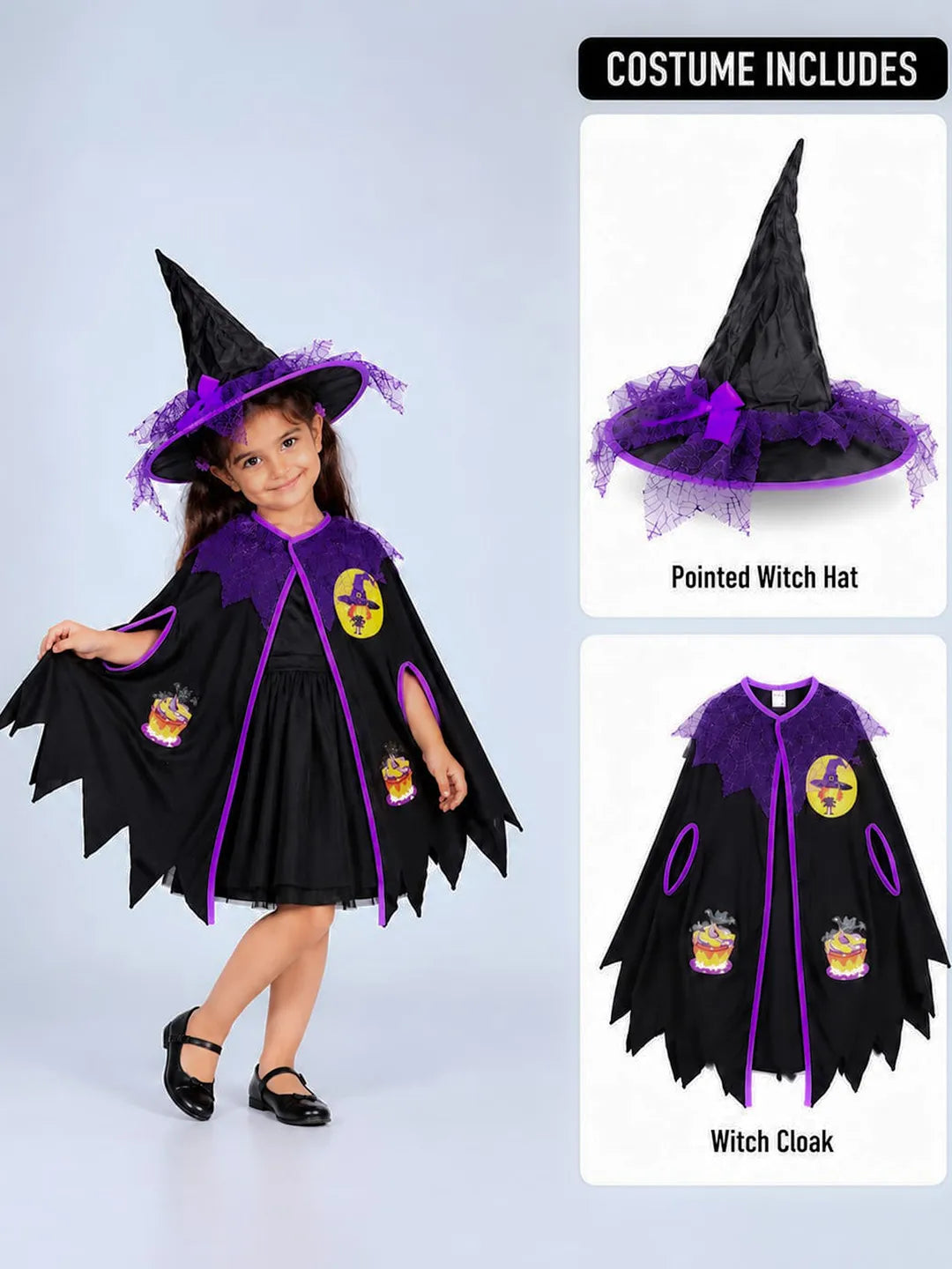 Black & Purple Witch Poncho & Hat Set – No Frock Included