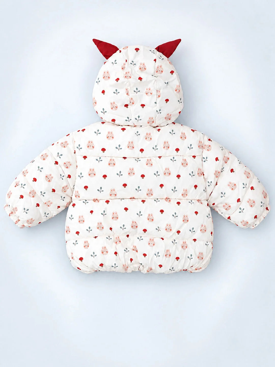 Cream & Brown Bunny Mushroom Quilted Hooded Winter Jacket for Kids
