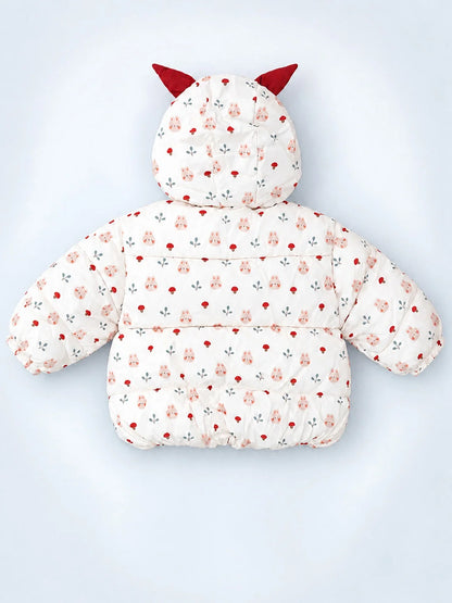 Cream & Brown Bunny Mushroom Quilted Hooded Winter Jacket for Kids