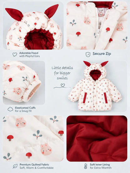 Cream & Brown Bunny Mushroom Quilted Hooded Winter Jacket for Kids