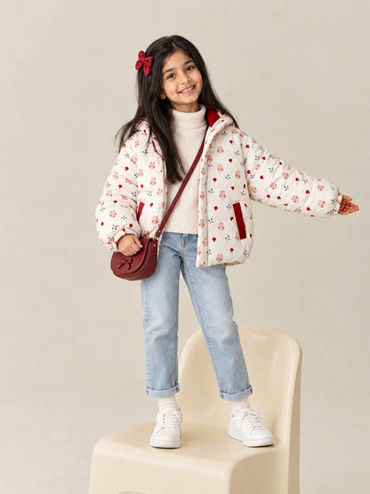 Cream & Brown Bunny Mushroom Quilted Hooded Winter Jacket for Kids