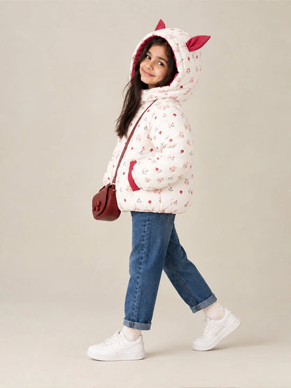 Cream & Brown Bunny Mushroom Quilted Hooded Winter Jacket for Kids