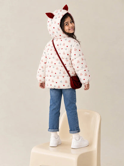 Cream & Brown Bunny Mushroom Quilted Hooded Winter Jacket for Kids
