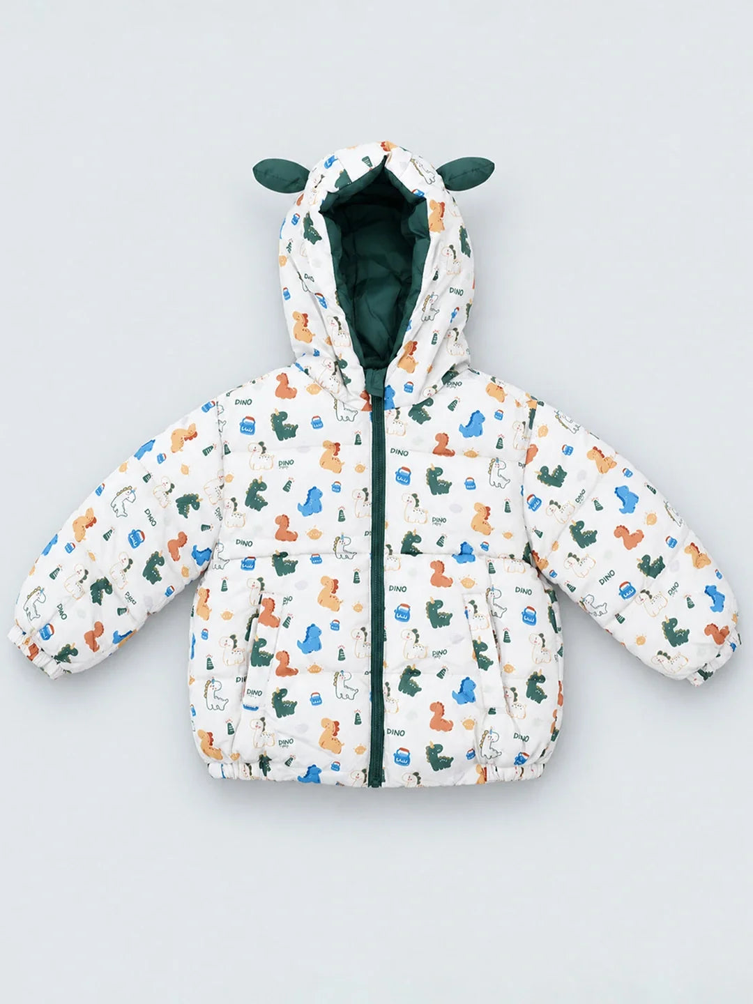 Cream & Green Baby Dino Quilted Hooded Winter Jacket for Kids