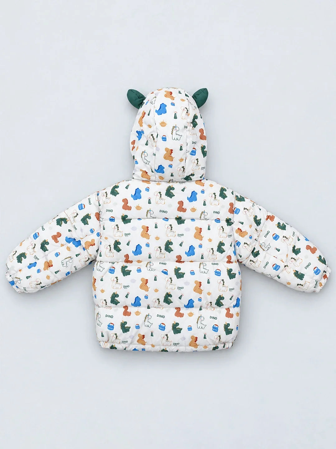 Cream & Green Baby Dino Quilted Hooded Winter Jacket for Kids