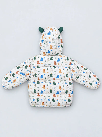 Cream & Green Baby Dino Quilted Hooded Winter Jacket for Kids