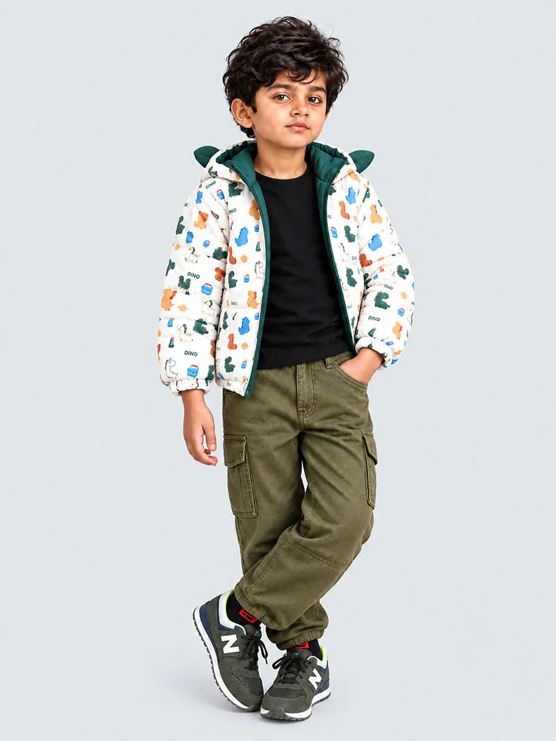 Cream & Green Baby Dino Quilted Hooded Winter Jacket for Kids