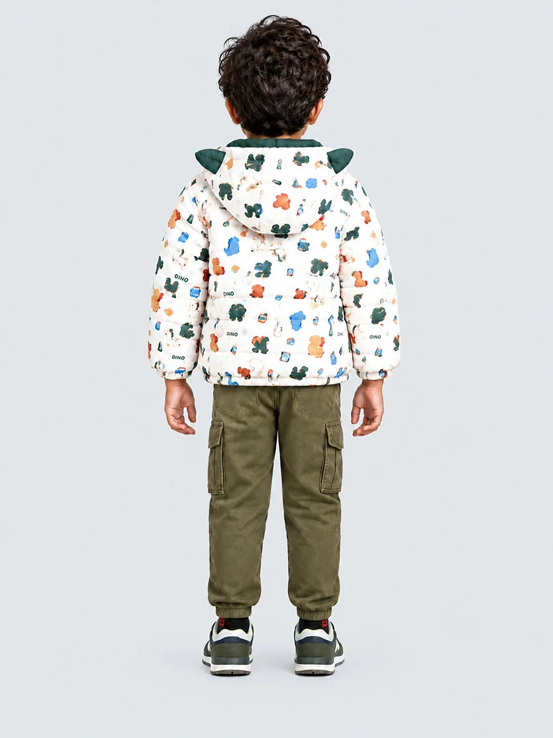 Cream & Green Baby Dino Quilted Hooded Winter Jacket for Kids