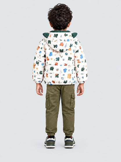Cream & Green Baby Dino Quilted Hooded Winter Jacket for Kids