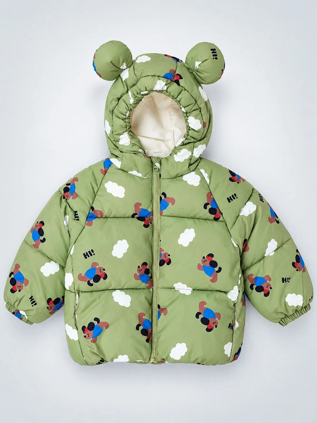 Sage Green Puppy & Cloud Quilted Hooded Winter Jacket for Kids