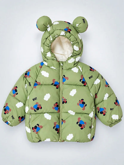 Sage Green Puppy & Cloud Quilted Hooded Winter Jacket for Kids