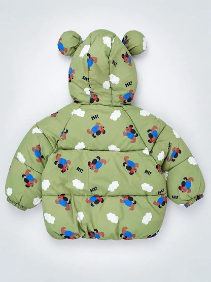 Sage Green Puppy & Cloud Quilted Hooded Winter Jacket for Kids