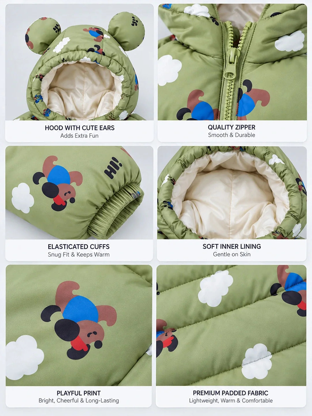 Sage Green Puppy & Cloud Quilted Hooded Winter Jacket for Kids