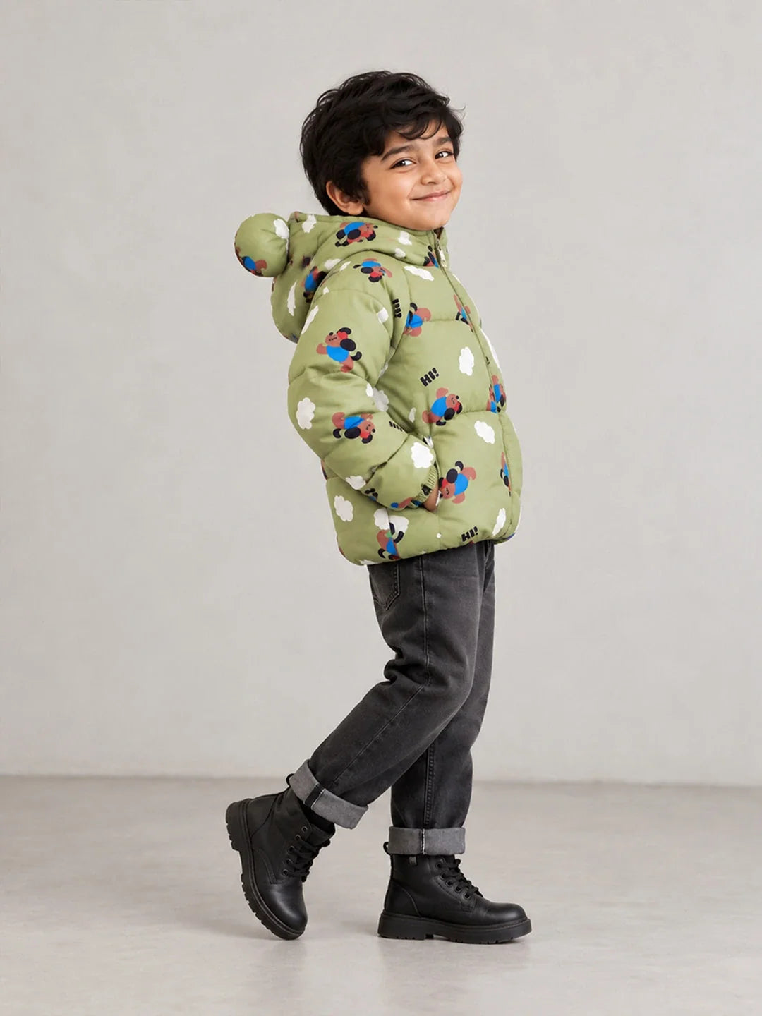 Sage Green Puppy & Cloud Quilted Hooded Winter Jacket for Kids