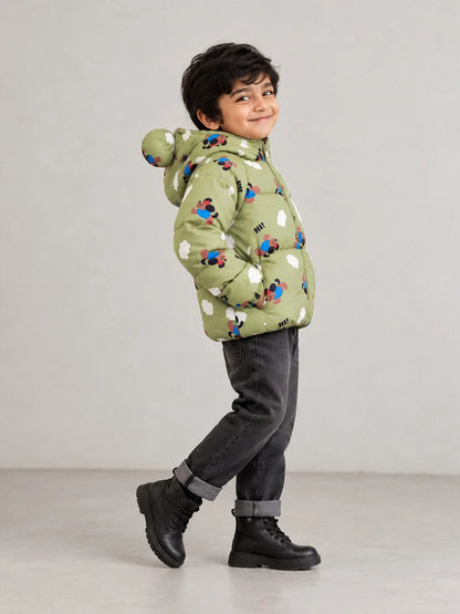 Sage Green Puppy & Cloud Quilted Hooded Winter Jacket for Kids