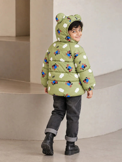 Sage Green Puppy & Cloud Quilted Hooded Winter Jacket for Kids