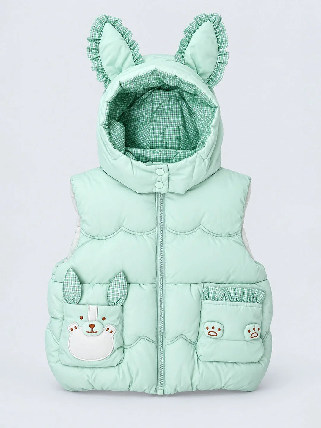 Green Bunny-Themed Quilted Hooded Sleeveless Winter Jacket for Kids