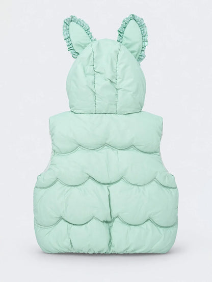 Green Bunny-Themed Quilted Hooded Sleeveless Winter Jacket for Kids