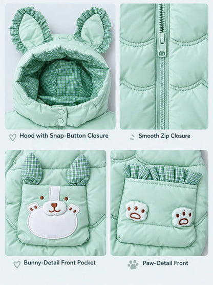 Green Bunny-Themed Quilted Hooded Sleeveless Winter Jacket for Kids