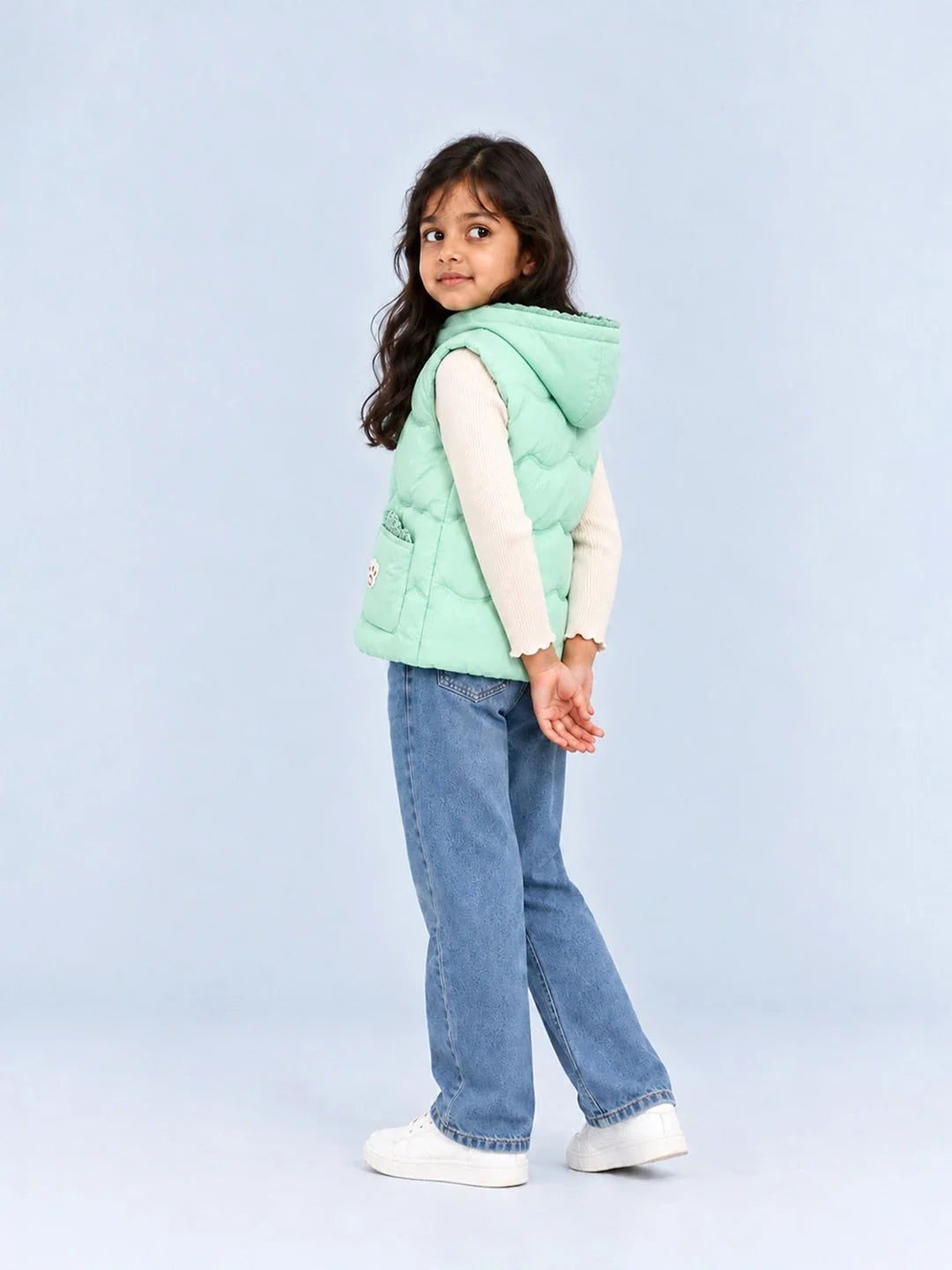 Green Bunny-Themed Quilted Hooded Sleeveless Winter Jacket for Kids