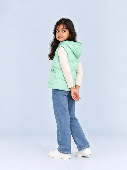 Green Bunny-Themed Quilted Hooded Sleeveless Winter Jacket for Kids
