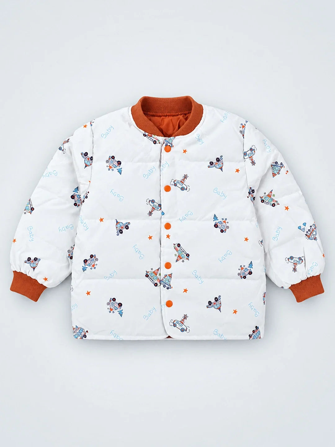 Ivory & Brown Plane Quilted Bomber Winter Jacket for Kids