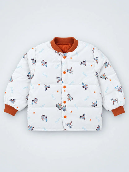 Ivory & Brown Plane Quilted Bomber Winter Jacket for Kids